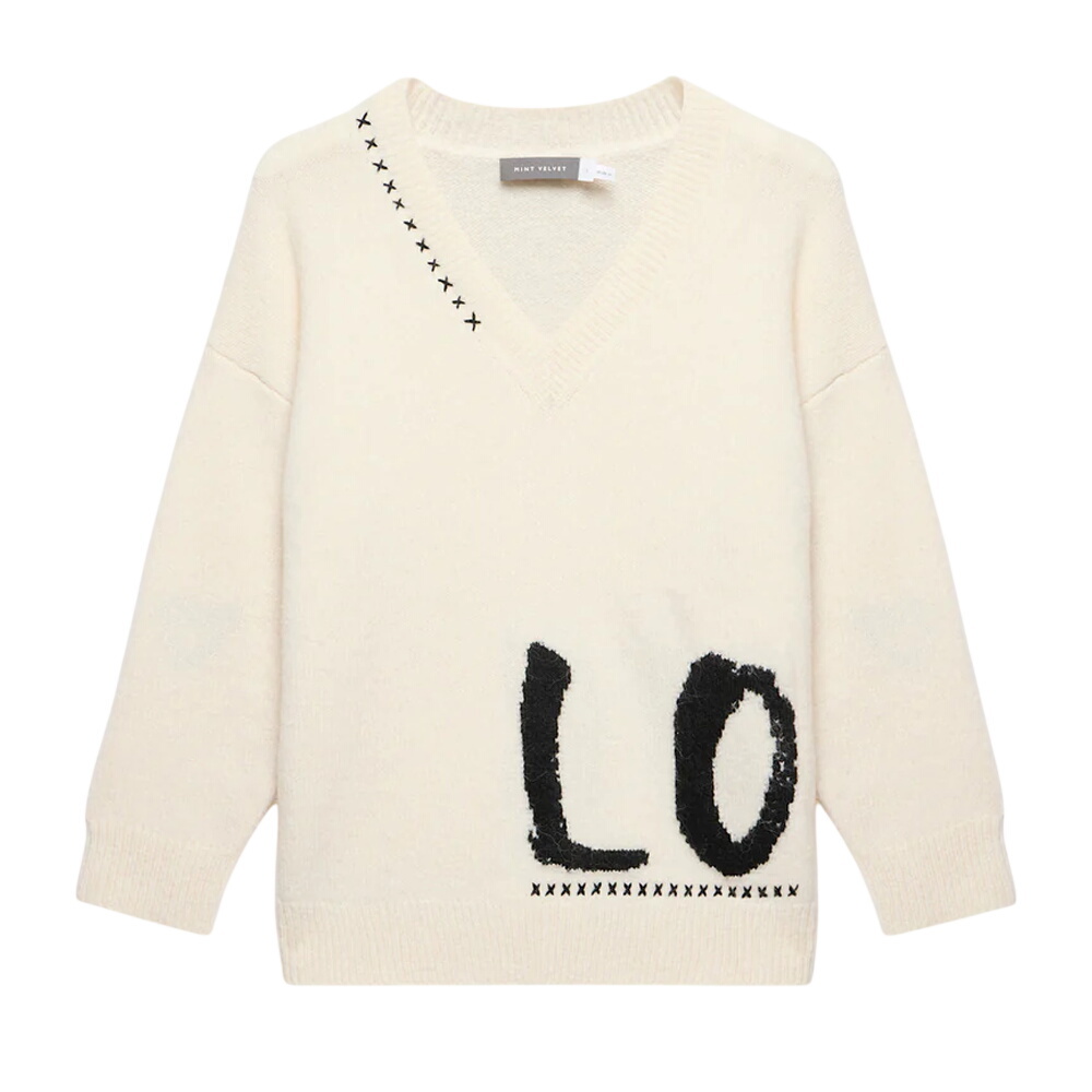 Mint Velvet Cream Wool Blend Graphic Love Jumper